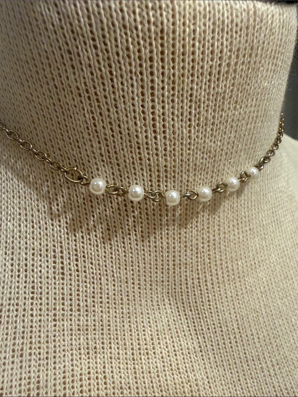 Vintage Burnished Gold Tone Dainty Micro Faux Pearl Accent Choker Necklace